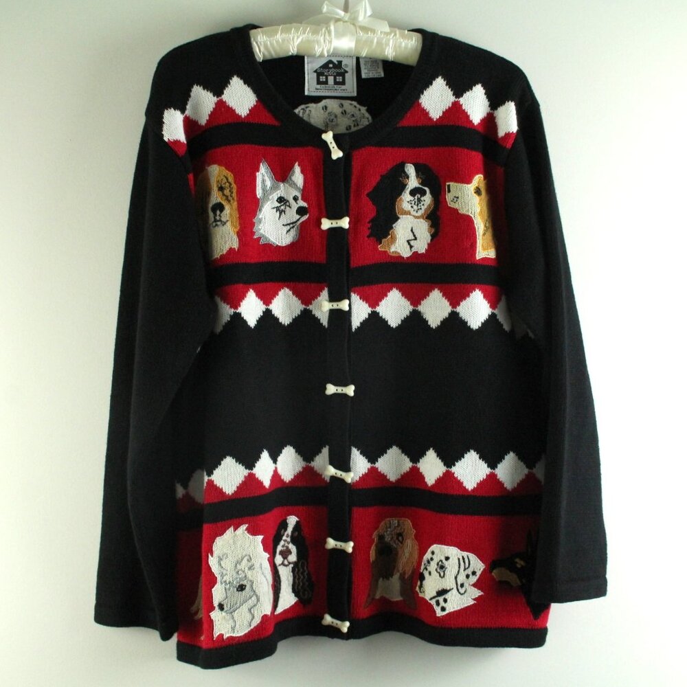 Storybook Knits Diamond Dogs Black Red Pooch Pup Bone Button Sweater Cardigan L